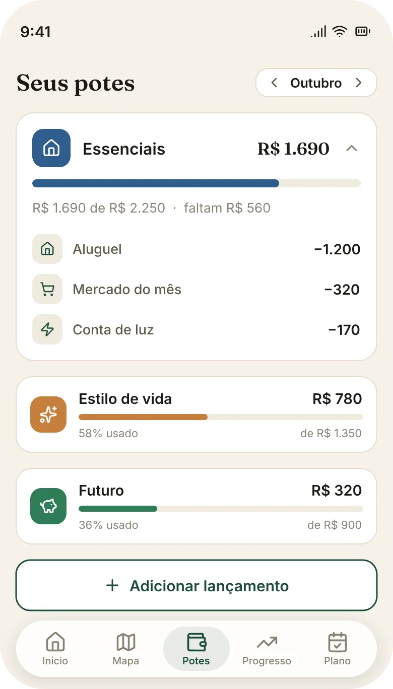Tela de potes do app Potes